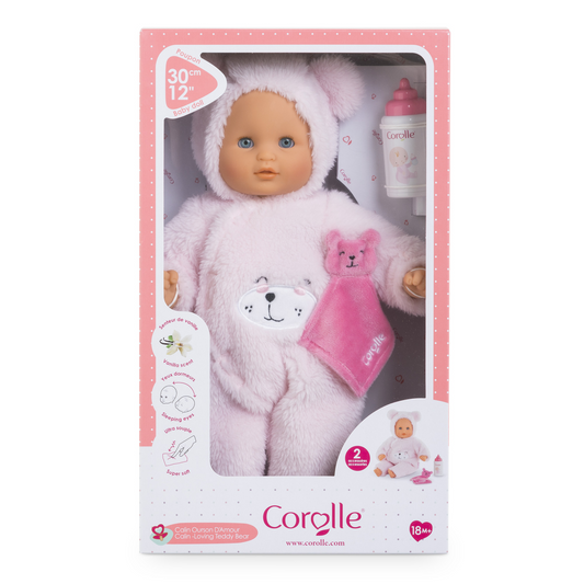 Corolle Calin Loving Teddy Bear 12” Baby Doll with Bottle & Lovey Charlie Anne's Closet