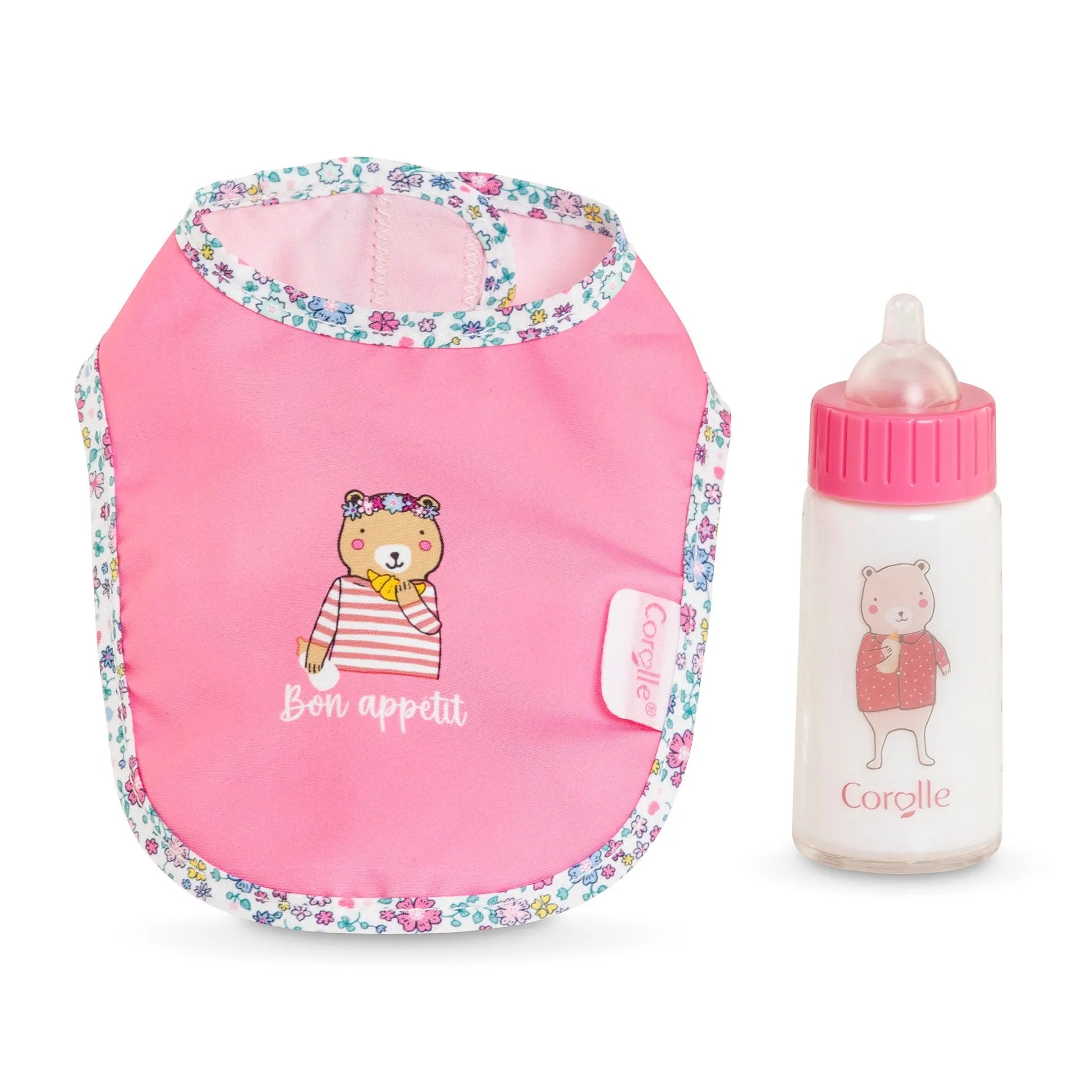 Corolle Bebe Bib & Magic Milk Bottle Set – Doll Feeding Accessories (12” & 14”) Corolle