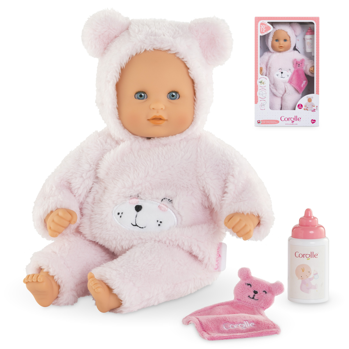 Corolle Calin Loving Teddy Bear 12” Baby Doll with Bottle & Lovey