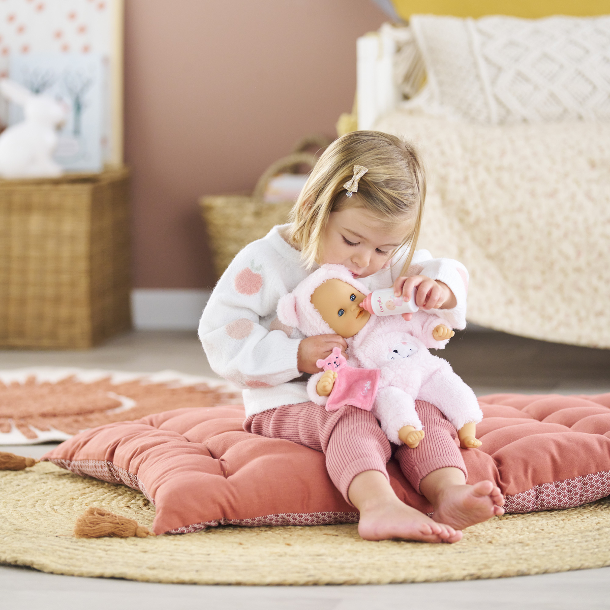 Corolle Calin Loving Teddy Bear 12” Baby Doll with Bottle & Lovey