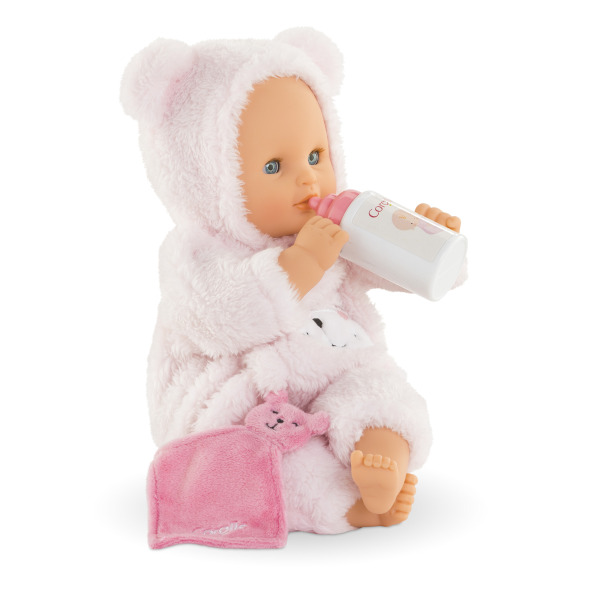Corolle Calin Loving Teddy Bear 12” Baby Doll with Bottle & Lovey
