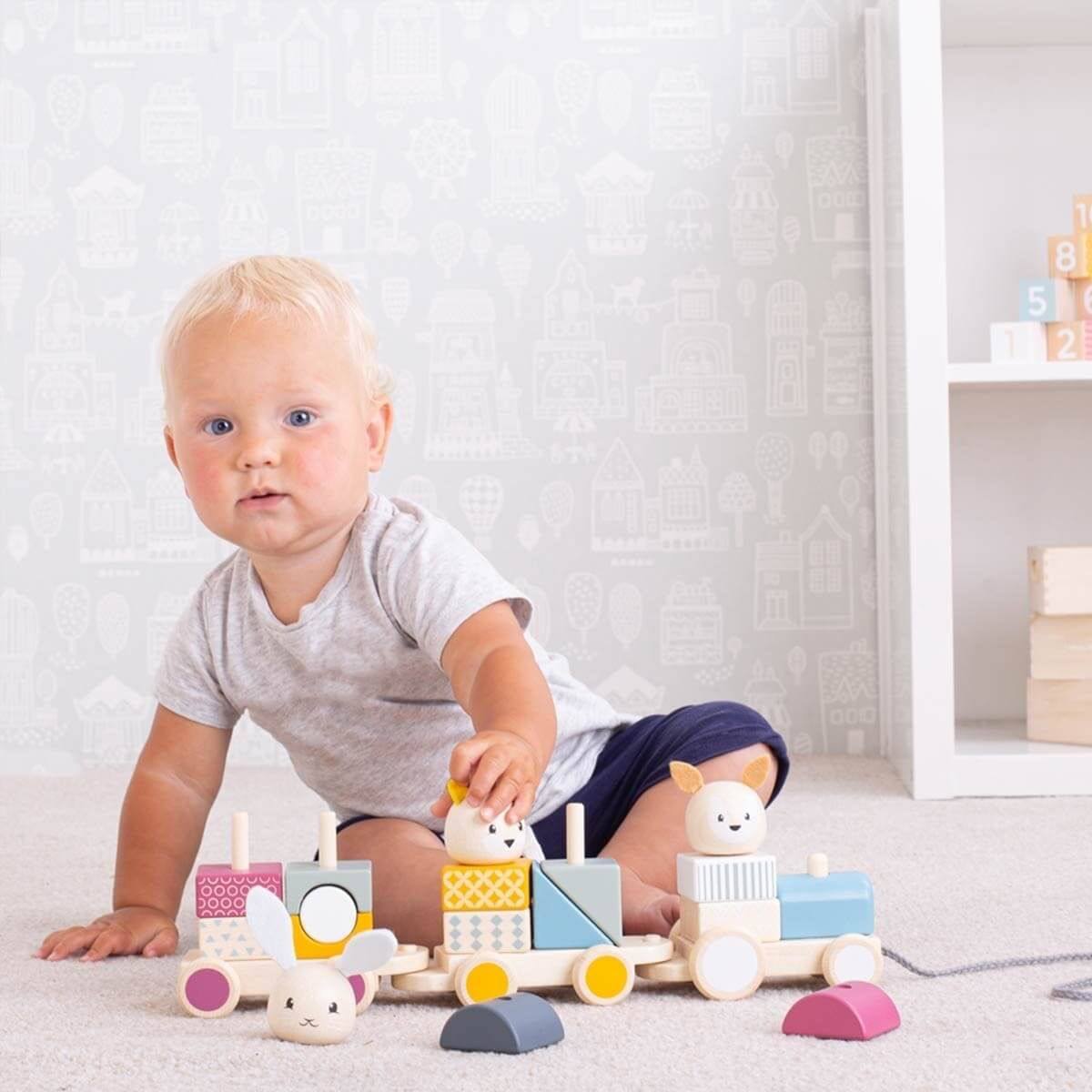 Bigjigs Toys FSC Wooden Activity Pull Along Train | Stacking & Puzzle Toy 12M+